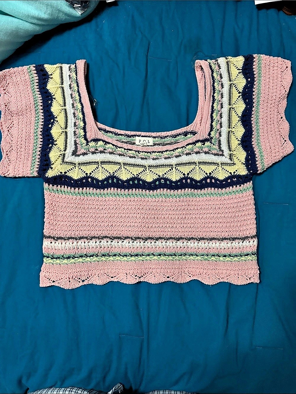 POL Women's Hand Made Cropped Shirt Crochet Top Cream, Pink & Green Large